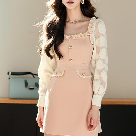 大码女装2025春季气质方领连衣裙胖妹妹木耳边时尚拼接裙子9951856859 商品图2