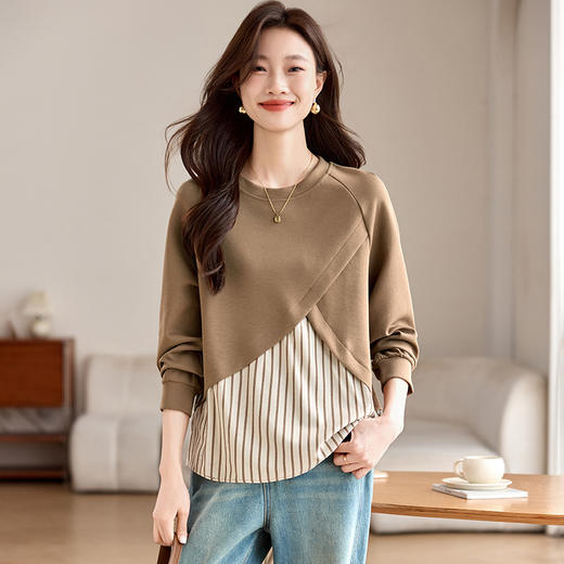 CC-XFY2522春秋新款休闲设计感衬衫拼接假两件长袖卫衣T恤女打底衫上衣 商品图0
