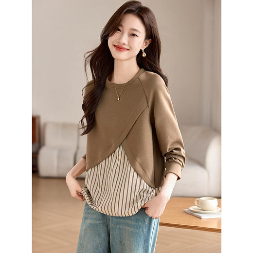 CC-XFY2522春秋新款休闲设计感衬衫拼接假两件长袖卫衣T恤女打底衫上衣 商品图2