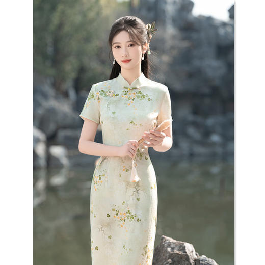 GX长款天丝麻短袖旗袍2025春夏新款复古国风小个子日常花色中式旗袍 商品图3