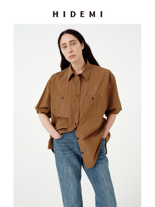 HIDEMI 极简廓形设计感水洗做旧胶片棕口袋知识分子微皱感衬衫 商品图3