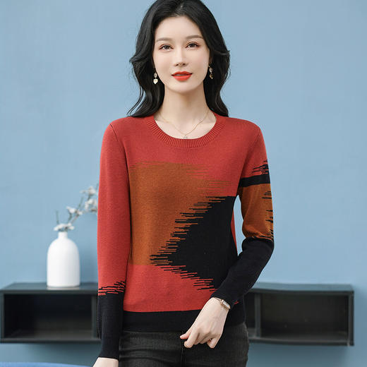 CC-QQH-9182时尚圆领拼色长袖毛衣女士2025年春秋季宽松设计感针织打底衫上衣 商品图1