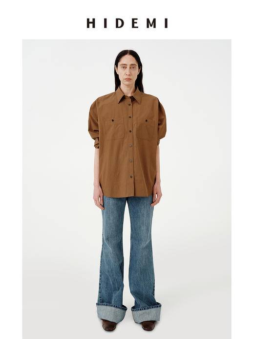 HIDEMI 极简廓形设计感水洗做旧胶片棕口袋知识分子微皱感衬衫 商品图4