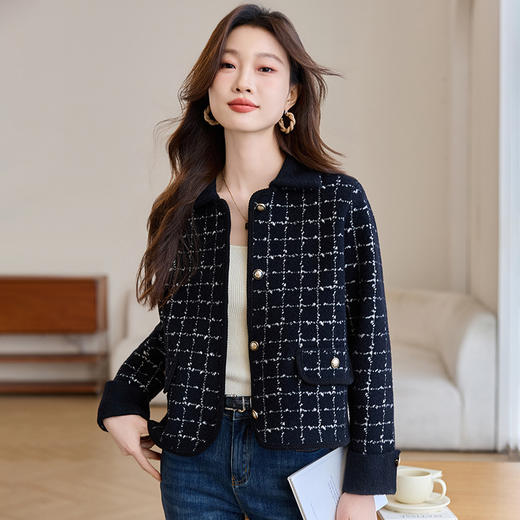 CC-XFY-2511翻领小香风外套女春秋2025新款短款气质港风翻领格子上衣开衫女 商品图1