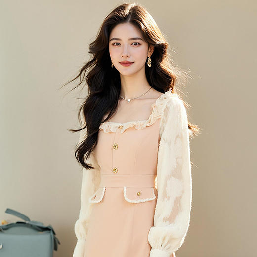 大码女装2025春季气质方领连衣裙胖妹妹木耳边时尚拼接裙子9951856859 商品图3