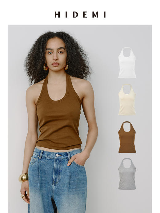 HIDEMI 甄选自然棉超弹坑条螺纹显瘦挂脖式基础款百搭背心 自然白/复古摩卡/奶茶米/高级灰 商品图5