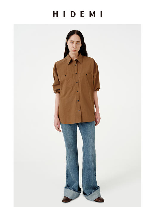 HIDEMI 极简廓形设计感水洗做旧胶片棕口袋知识分子微皱感衬衫 商品图6