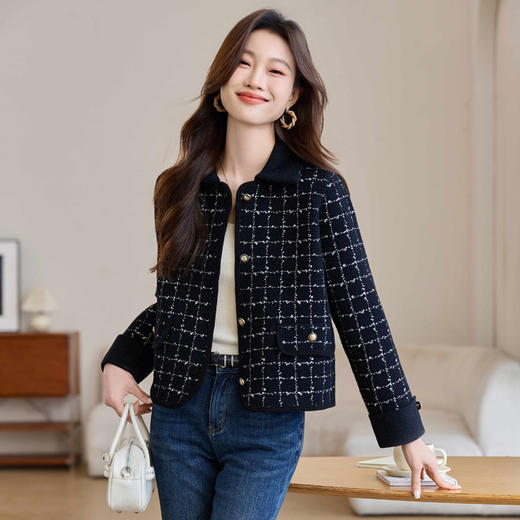 CC-XFY-2511翻领小香风外套女春秋2025新款短款气质港风翻领格子上衣开衫女 商品图0