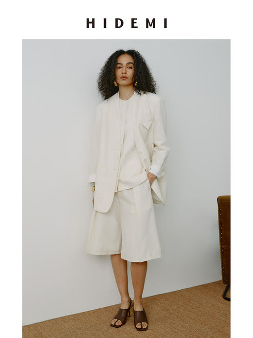 HIDEMI 【当当同款】都市自然人胶囊系列甄选进口羊毛亚麻极简四件套 西装/马甲/中裤/超模裤 水洗黑/乳白色 商品图12