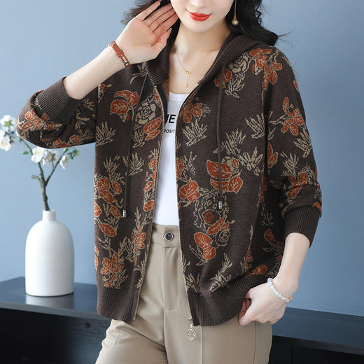 CC-10-6202连帽针织开衫2025年春款外搭提花毛衣外套撞色毛线衫女上衣 商品图0