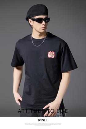 PINLI品立2025夏季新款潮牌圆领短袖T恤醒狮贴布绣休闲男体恤上衣BG252111015