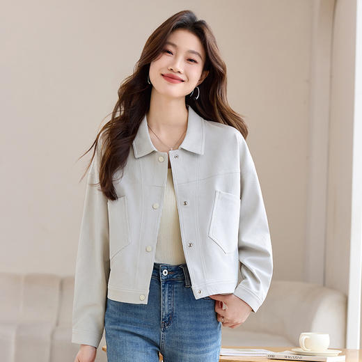 CC-J6676高腰翻领短款外套女2025年春装新款气质宽松小个子休闲夹克上衣 商品图2