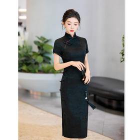 GX纯黑色2025春夏新款花罗旗袍连衣裙三分袖长款改良侧八扣双层旗袍