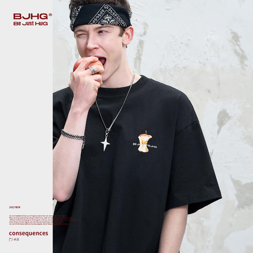 BJHG不计后果 趣味啃苹果短袖t恤男女款夏宽松印花设计感纯棉半袖 商品图2