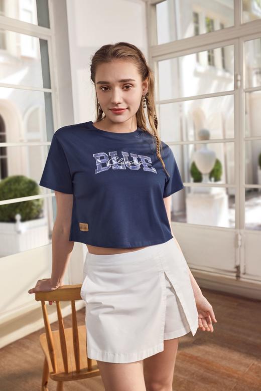 佐丹奴女装25年新款蔚蓝经典纯棉短款针织上衣T恤05395205 商品图4