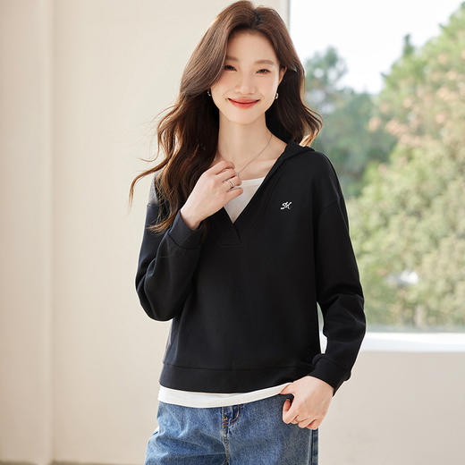 CC-XFY2529假两件拼接长袖卫衣女2025春秋新款宽松显瘦遮肚休闲t恤带帽上衣 商品图2