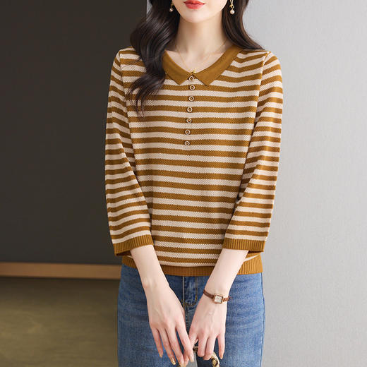 CC-LL-1638七分袖冰丝针织衫女士2025春秋新款洋气条纹t恤宽松大码上衣服T 商品图2