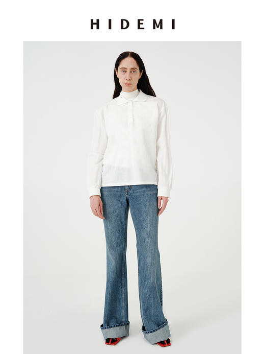 HIDEMI 甄选自然棉极简设计感廓形POLO长袖上衣 自然白/黑白条纹 商品图4