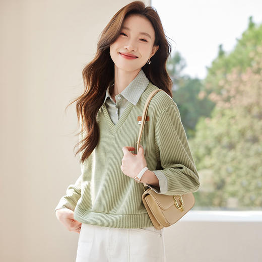 CC-XFY2527    polo领衬衫拼接假两件长袖卫衣女2025春秋季时尚休闲百搭翻领上衣 商品图0