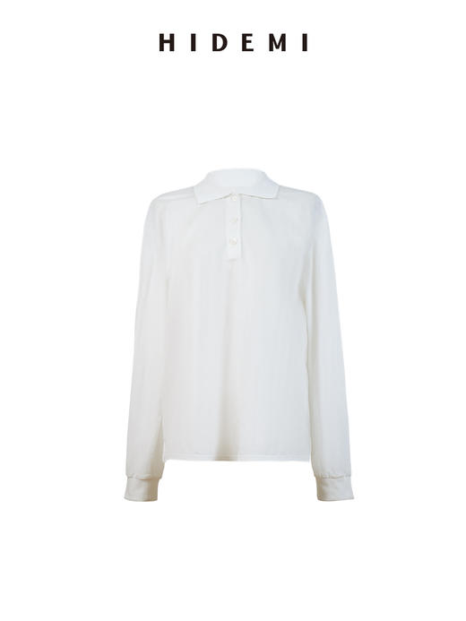 HIDEMI 甄选自然棉极简设计感廓形POLO长袖上衣 自然白/黑白条纹 商品图7