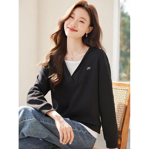 CC-XFY2529假两件拼接长袖卫衣女2025春秋新款宽松显瘦遮肚休闲t恤带帽上衣 商品图3