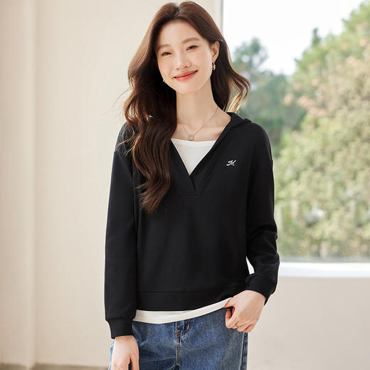 CC-XFY2529假两件拼接长袖卫衣女2025春秋新款宽松显瘦遮肚休闲t恤带帽上衣 商品图1