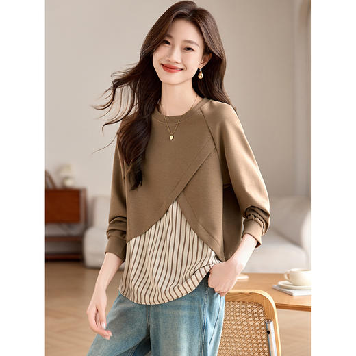 CC-XFY2522春秋新款休闲设计感衬衫拼接假两件长袖卫衣T恤女打底衫上衣 商品图1