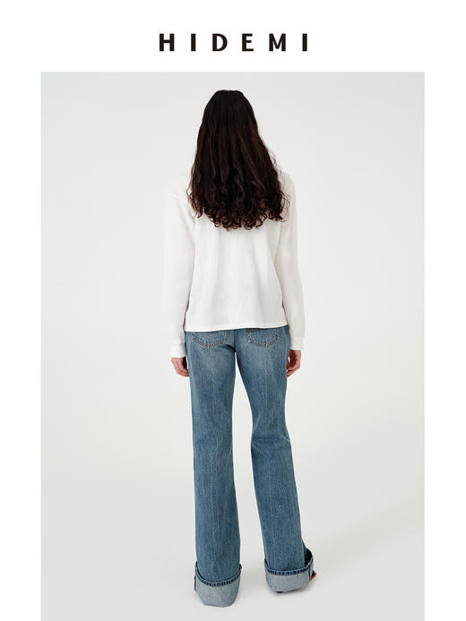 HIDEMI 甄选自然棉极简设计感廓形POLO长袖上衣 自然白/黑白条纹 商品图5