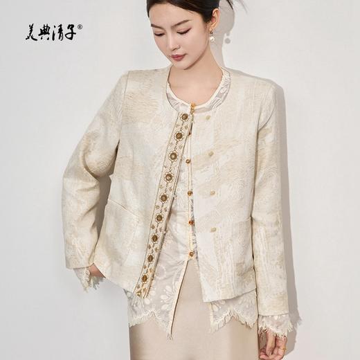时尚新中式民族风图案提花圆领长袖单排扣丝麻外套 商品图0