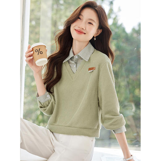 CC-XFY2527    polo领衬衫拼接假两件长袖卫衣女2025春秋季时尚休闲百搭翻领上衣 商品图2