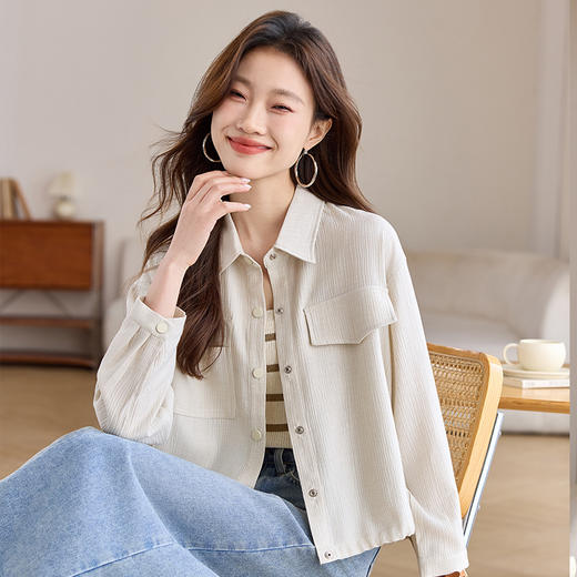 CC-J6677短款长袖衬衫女宽松春秋季2025新款工装上衣小个子短款夹克外套 商品图2