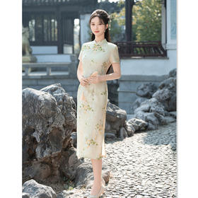 GX长款天丝麻短袖旗袍2025春夏新款复古国风小个子日常花色中式旗袍