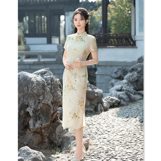 GX长款天丝麻短袖旗袍2025春夏新款复古国风小个子日常花色中式旗袍 商品图0