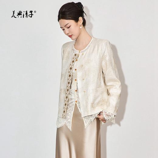时尚新中式民族风图案提花圆领长袖单排扣丝麻外套 商品图1