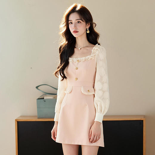 大码女装2025春季气质方领连衣裙胖妹妹木耳边时尚拼接裙子9951856859 商品图0