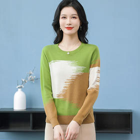 CC-QQH-9182时尚圆领拼色长袖毛衣女士2025年春秋季宽松设计感针织打底衫上衣
