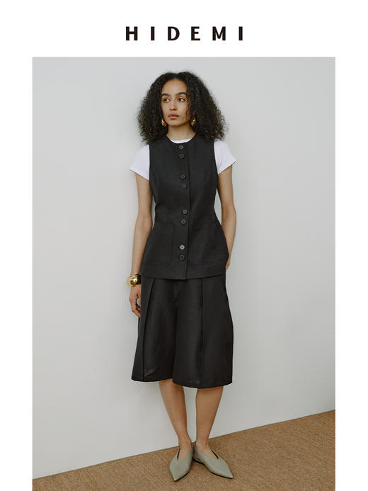 HIDEMI 【当当同款】都市自然人胶囊系列甄选进口羊毛亚麻极简四件套 西装/马甲/中裤/超模裤 水洗黑/乳白色 商品图14