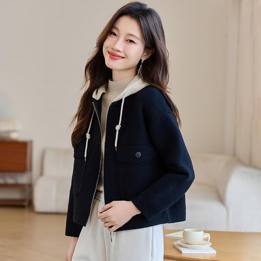 CC-XFY-2506小个子短外套女2025秋新款开衫可拆卸帽休闲珍珠绒棒球服上衣春秋 商品图1