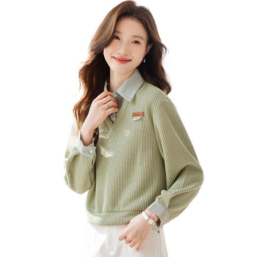 CC-XFY2527    polo领衬衫拼接假两件长袖卫衣女2025春秋季时尚休闲百搭翻领上衣 商品图4
