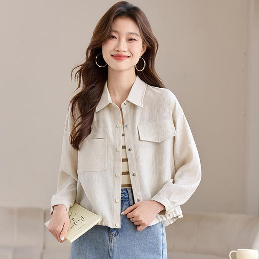 CC-J6677短款长袖衬衫女宽松春秋季2025新款工装上衣小个子短款夹克外套 商品图1