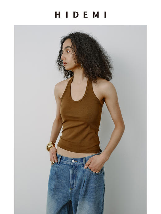 HIDEMI 甄选自然棉超弹坑条螺纹显瘦挂脖式基础款百搭背心 自然白/复古摩卡/奶茶米/高级灰 商品图9