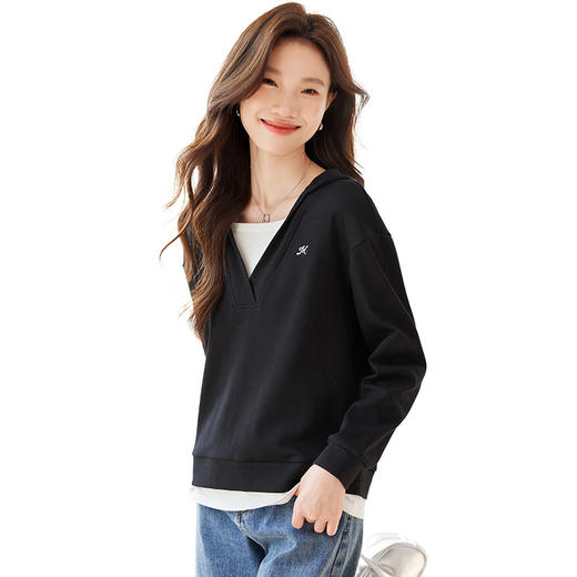 CC-XFY2529假两件拼接长袖卫衣女2025春秋新款宽松显瘦遮肚休闲t恤带帽上衣 商品图4