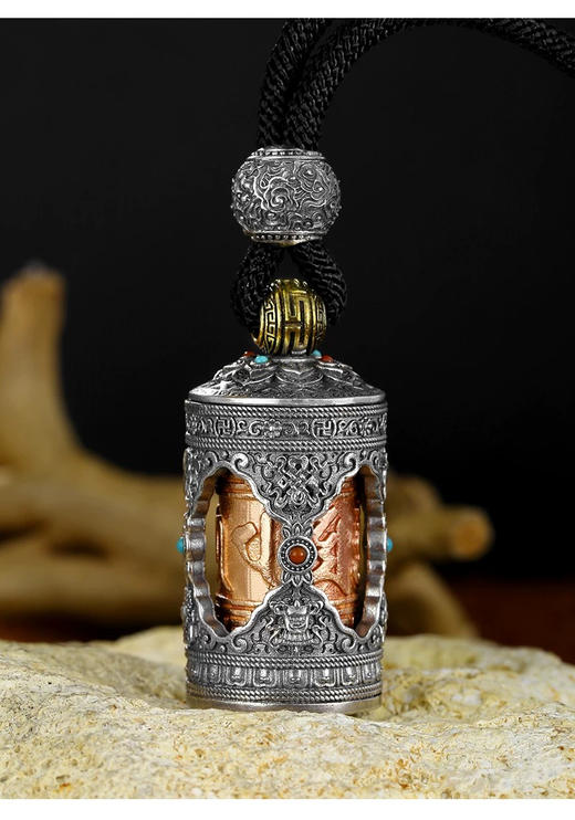 纯银挂件高档旋转六字真言吊坠纯银男士复古女可打开装东西转动筒挂坠 商品图8