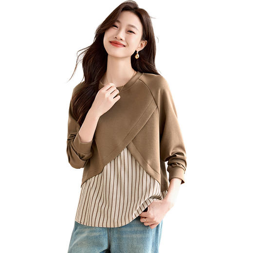 CC-XFY2522春秋新款休闲设计感衬衫拼接假两件长袖卫衣T恤女打底衫上衣 商品图4