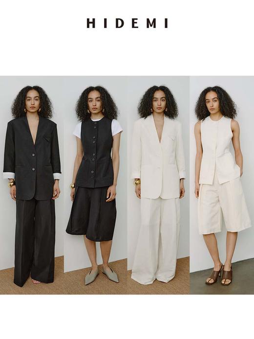 HIDEMI 【当当同款】都市自然人胶囊系列甄选进口羊毛亚麻极简四件套 西装/马甲/中裤/超模裤 水洗黑/乳白色 商品图7
