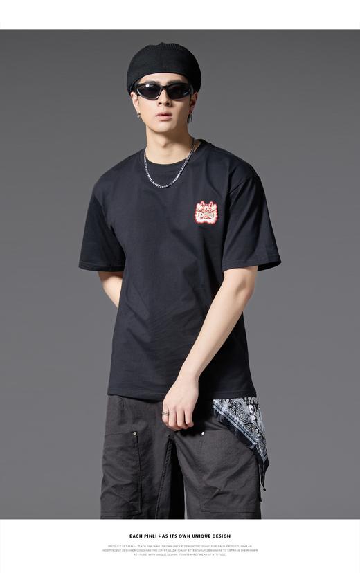 PINLI品立2025夏季新款潮牌圆领短袖T恤醒狮贴布绣休闲男体恤上衣BG252111015 商品图7