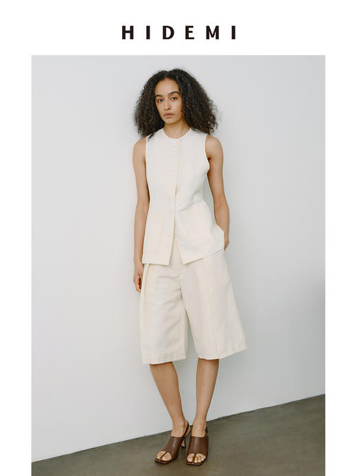 HIDEMI 【当当同款】都市自然人胶囊系列甄选进口羊毛亚麻极简四件套 西装/马甲/中裤/超模裤 水洗黑/乳白色 商品图11