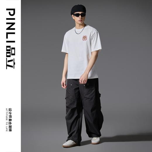 PINLI品立2025夏季新款潮牌圆领短袖T恤醒狮贴布绣休闲男体恤上衣BG252111015 商品图2