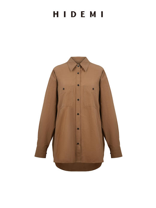HIDEMI 极简廓形设计感水洗做旧胶片棕口袋知识分子微皱感衬衫 商品图8