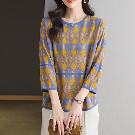 CC-LL-1635七分袖针织衫女士2025春秋季新款圆领大码上衣提花宽松打底衫T恤 商品图0